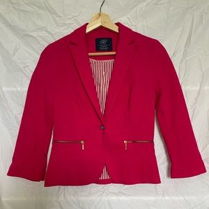 Zara | Hot Pink Blazer turquoise & orange color blocking details & gold zippers